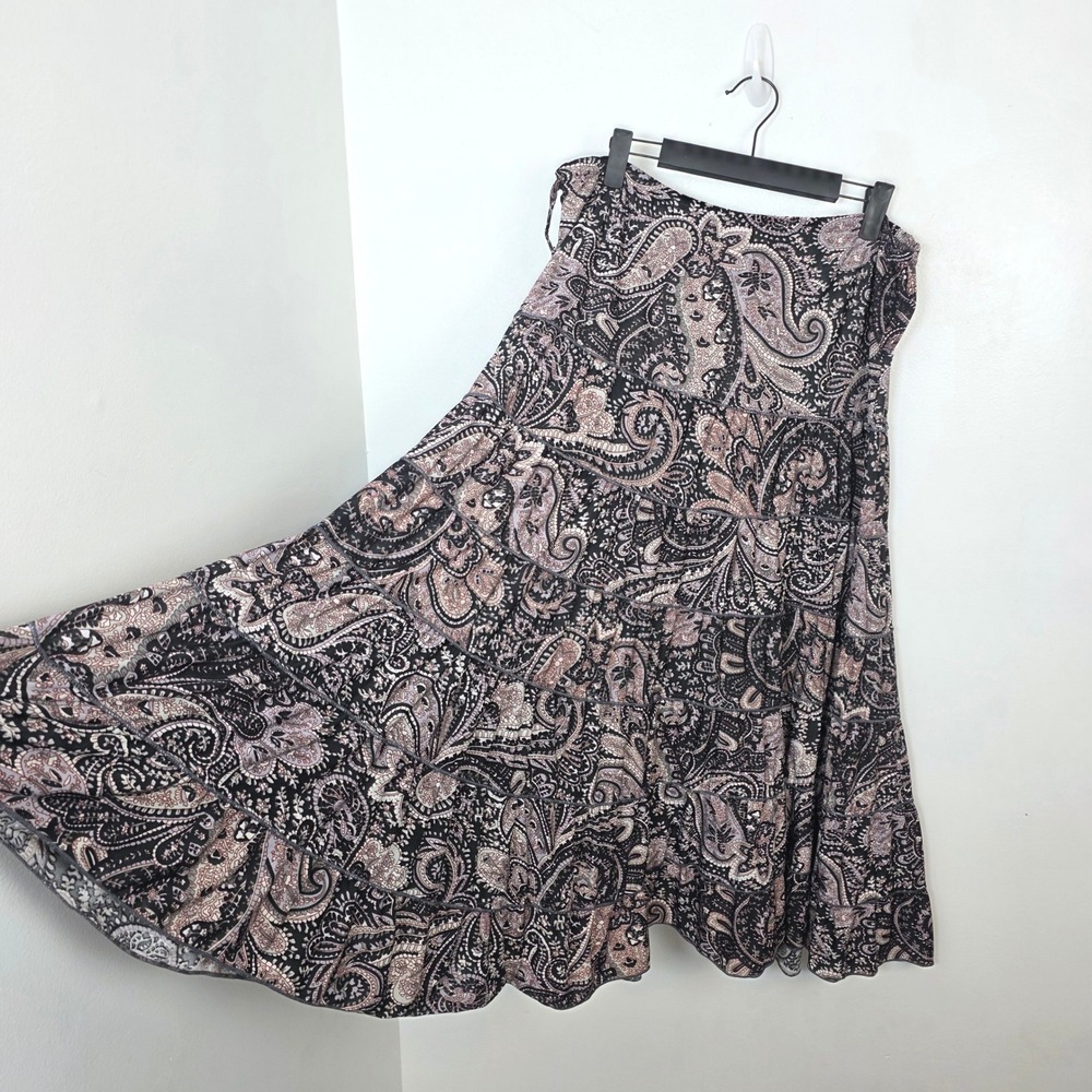 Rachel Rose Purple Black Paisley Tiered Whimsigoth Y2K Stretch Boho Midi Skirt M
